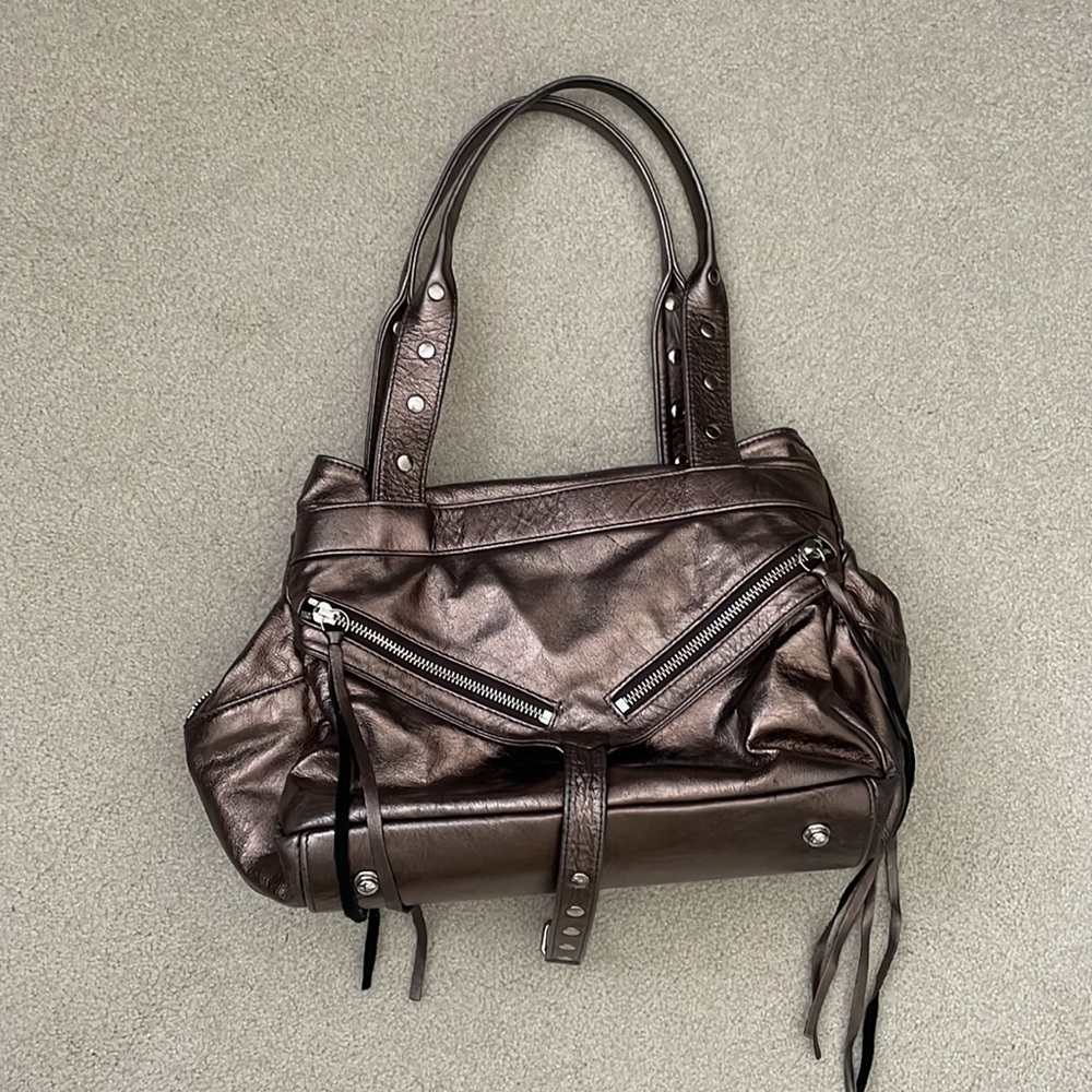 Botkier Womens Trigger East West Metallic Leather Stud Moto Satchel Handbag